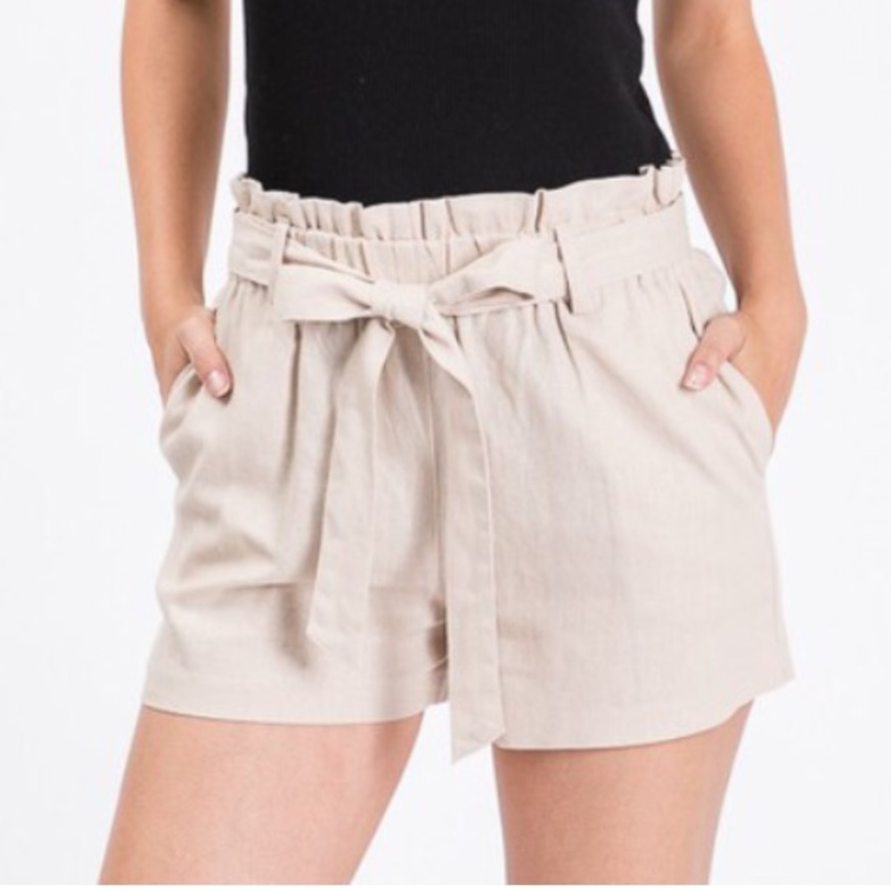 Linen Blend Paper Bag Shorts w/Tie Waist - Khaki